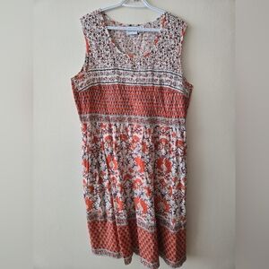 The Vermont Country Store Orange & Grey Sleeveless Dress W Smocked Top & Pockets